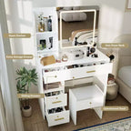 Coiffeuse avec miroir et lumières, coiffeuse à 3 éclairages réglables avec 3 étagères de rangement, 5 grands tiroirs et prise de courant