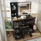 Coiffeuse avec miroir et lumières, coiffeuse à 3 éclairages réglables avec 3 étagères de rangement, 5 grands tiroirs et prise de courant