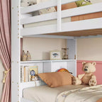 Lit superposé jumeau sur jumeau avec étagères de rangement, lits superposés 2-en-1 en bois de caoutchouc pour enfants avec garde-corps de sécurité et échelle, lit jumeau pour chambre à coucher