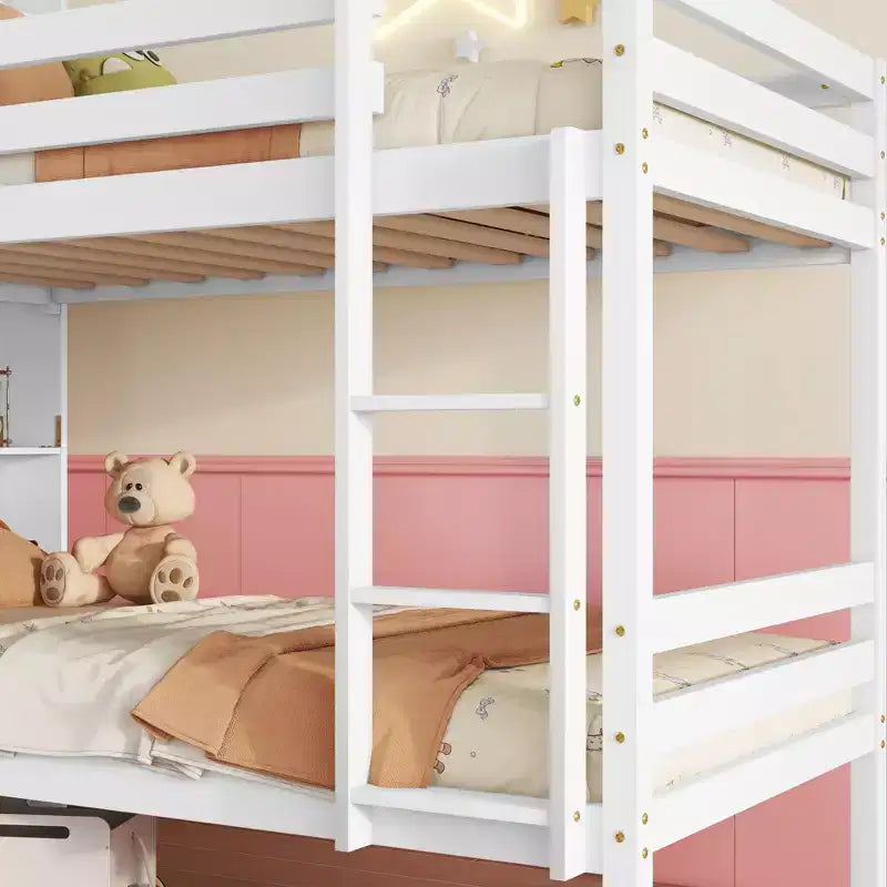 Lit superposé jumeau sur jumeau avec étagères de rangement, lits superposés 2-en-1 en bois de caoutchouc pour enfants avec garde-corps de sécurité et échelle, lit jumeau pour chambre à coucher