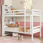 Lit superposé jumeau sur jumeau avec étagères de rangement, lits superposés 2-en-1 en bois de caoutchouc pour enfants avec garde-corps de sécurité et échelle, lit jumeau pour chambre à coucher