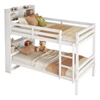 Lit superposé jumeau sur jumeau avec étagères de rangement, lits superposés 2-en-1 en bois de caoutchouc pour enfants avec garde-corps de sécurité et échelle, lit jumeau pour chambre à coucher