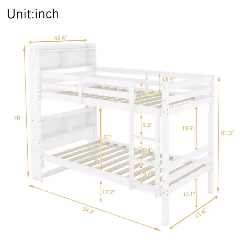 Lit superposé jumeau sur jumeau avec étagères de rangement, lits superposés 2-en-1 en bois de caoutchouc pour enfants avec garde-corps de sécurité et échelle, lit jumeau pour chambre à coucher