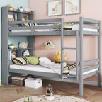 Lit superposé jumeau sur jumeau avec étagères de rangement, lits superposés 2-en-1 en bois de caoutchouc pour enfants avec garde-corps de sécurité et échelle, lit jumeau pour chambre à coucher