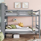 Lit superposé jumeau sur jumeau avec étagères de rangement, lits superposés 2-en-1 en bois de caoutchouc pour enfants avec garde-corps de sécurité et échelle, lit jumeau pour chambre à coucher