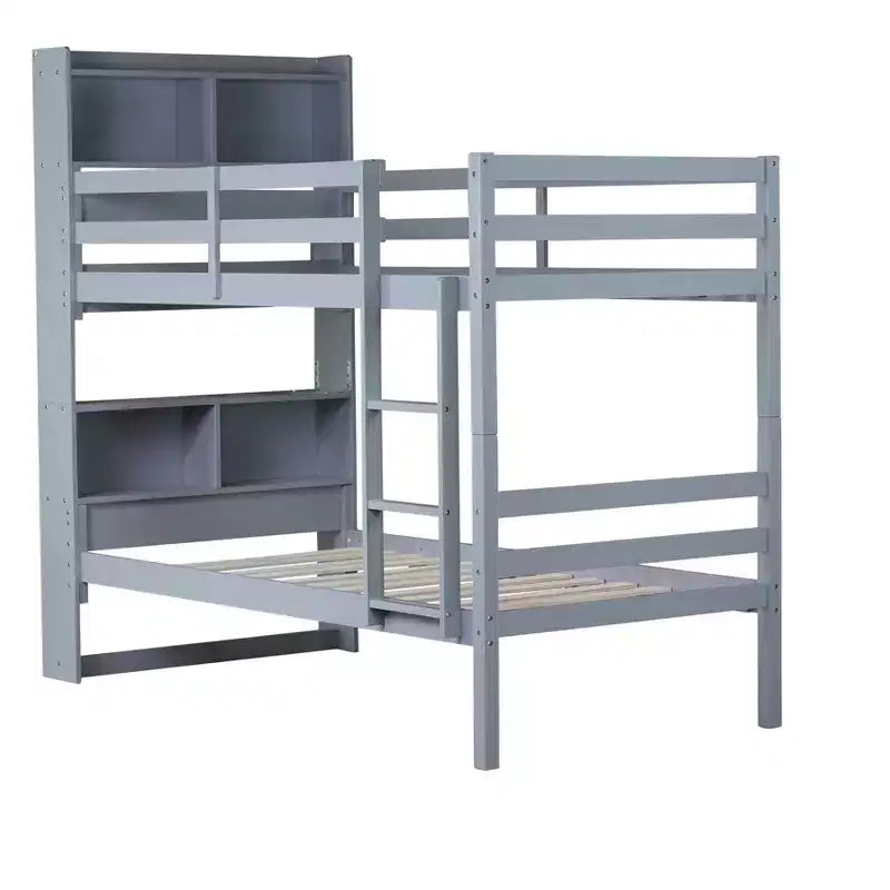 Lit superposé jumeau sur jumeau avec étagères de rangement, lits superposés 2-en-1 en bois de caoutchouc pour enfants avec garde-corps de sécurité et échelle, lit jumeau pour chambre à coucher