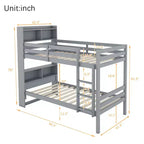 Lit superposé jumeau sur jumeau avec étagères de rangement, lits superposés 2-en-1 en bois de caoutchouc pour enfants avec garde-corps de sécurité et échelle, lit jumeau pour chambre à coucher