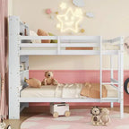 Lit superposé jumeau sur jumeau avec étagères de rangement, lits superposés 2-en-1 en bois de caoutchouc pour enfants avec garde-corps de sécurité et échelle, lit jumeau pour chambre à coucher