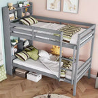 Okak Twin over Twin Bunk Bed with Storage Shelves, 2-In-1 Rubber Wood Kids Bunk Beds with Safety Guardrails and Ladder, Twin Bed for Bedroom