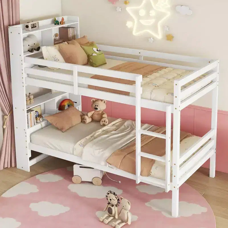 Lit superposé jumeau sur jumeau avec étagères de rangement, lits superposés 2-en-1 en bois de caoutchouc pour enfants avec garde-corps de sécurité et échelle, lit jumeau pour chambre à coucher