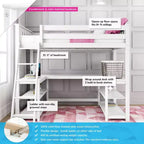 Lit superposé mezzanine double, lit mezzanine en bois massif avec bureau et étagères de rangement pour enfants