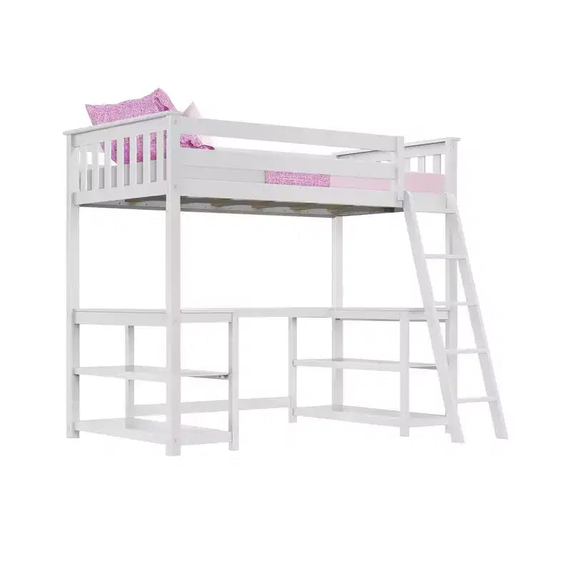 Lit superposé mezzanine double, lit mezzanine en bois massif avec bureau et étagères de rangement pour enfants