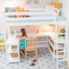 Lit superposé mezzanine double, lit mezzanine en bois massif avec bureau et étagères de rangement pour enfants