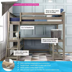 Lit superposé mezzanine double, lit mezzanine en bois massif avec bureau et étagères de rangement pour enfants
