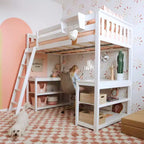 Lit superposé mezzanine double, lit mezzanine en bois massif avec bureau et étagères de rangement pour enfants