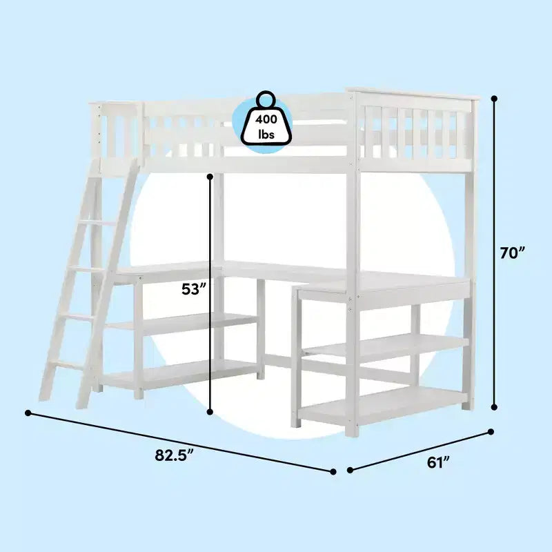 Lit superposé mezzanine double, lit mezzanine en bois massif avec bureau et étagères de rangement pour enfants