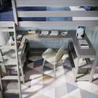 Lit superposé mezzanine double, lit mezzanine en bois massif avec bureau et étagères de rangement pour enfants