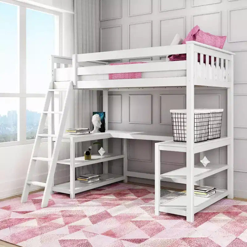 Lit superposé mezzanine double, lit mezzanine en bois massif avec bureau et étagères de rangement pour enfants