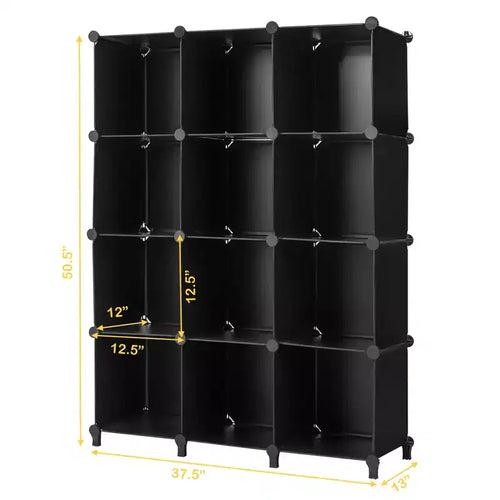 Organisateur de rangement 12 cubes, unités de rangement en plastique avec cadre en acier noir
