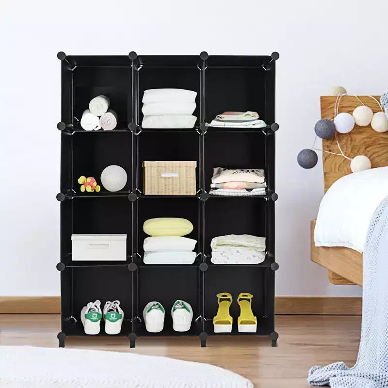 Organisateur de rangement 12 cubes, unités de rangement en plastique avec cadre en acier noir