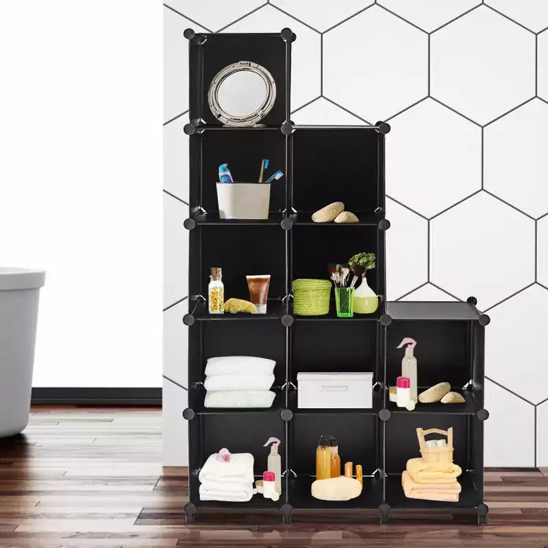 Organisateur de rangement 12 cubes, unités de rangement en plastique avec cadre en acier noir