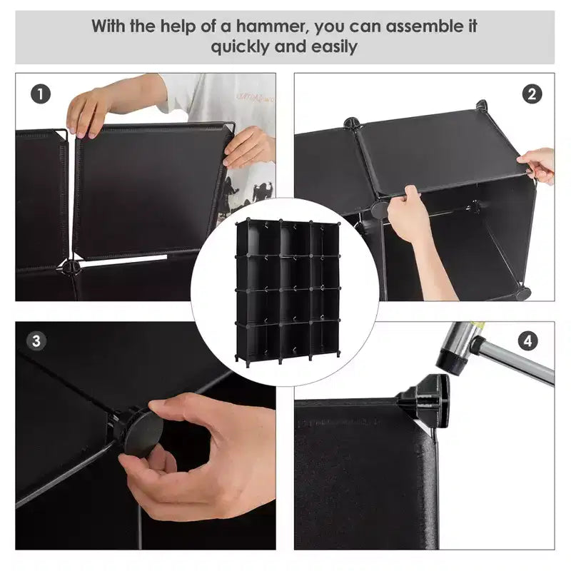 Organisateur de rangement 12 cubes, unités de rangement en plastique avec cadre en acier noir