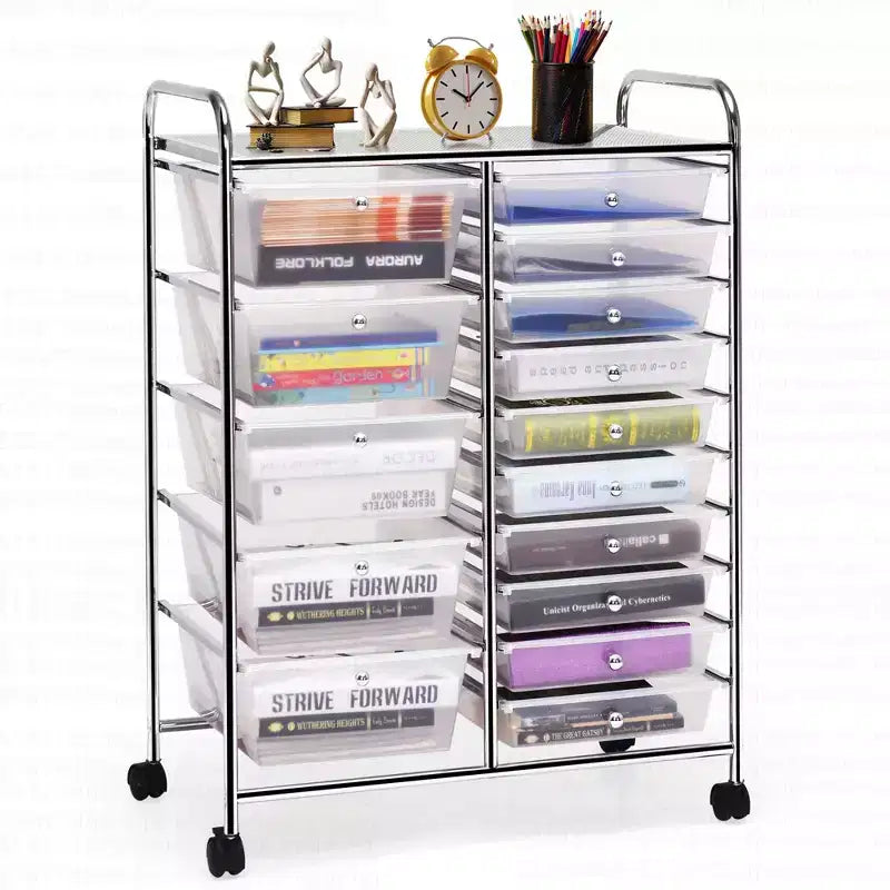 Chariot de rangement roulant à 15 tiroirs pour art et artisanat, outils, papier de scrapbooking, organisateur de bureau et d'école, transparent