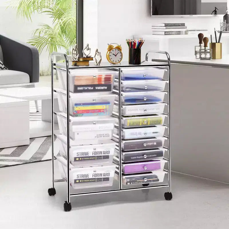 Chariot de rangement roulant à 15 tiroirs pour art et artisanat, outils, papier de scrapbooking, organisateur de bureau et d'école, transparent