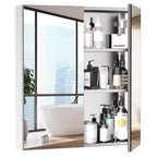 Armoire de toilette avec miroir, 24x26 pouces, en acier inoxydable, meuble de rangement mural avec portes doubles, argenté