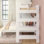 Lit superposé en bois massif, Lit superposé en L, deux places au-dessus d'un lit double, pour enfants, style ferme moderne