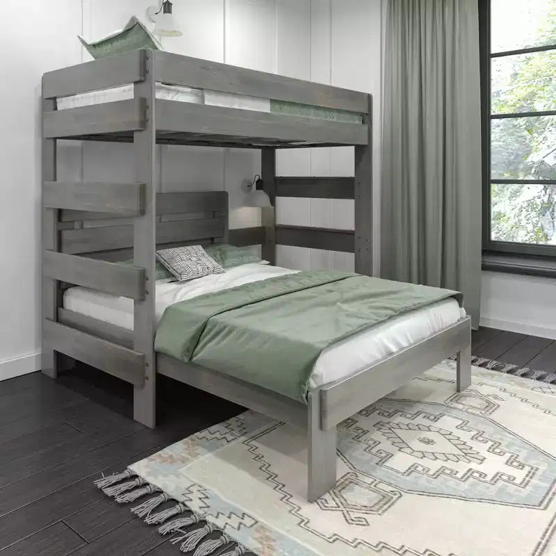 Lit superposé en bois massif, Lit superposé en L, deux places au-dessus d'un lit double, pour enfants, style ferme moderne