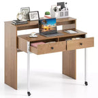Costway 39.5 Expandable Rolling Computer Desk with Monitor Shelf 2-tier Desktop 2 Drawers
