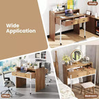 Bureau d'ordinateur roulant extensible de 39,5 pouces avec étagère pour moniteur, plateau à 2 niveaux et 2 tiroirs