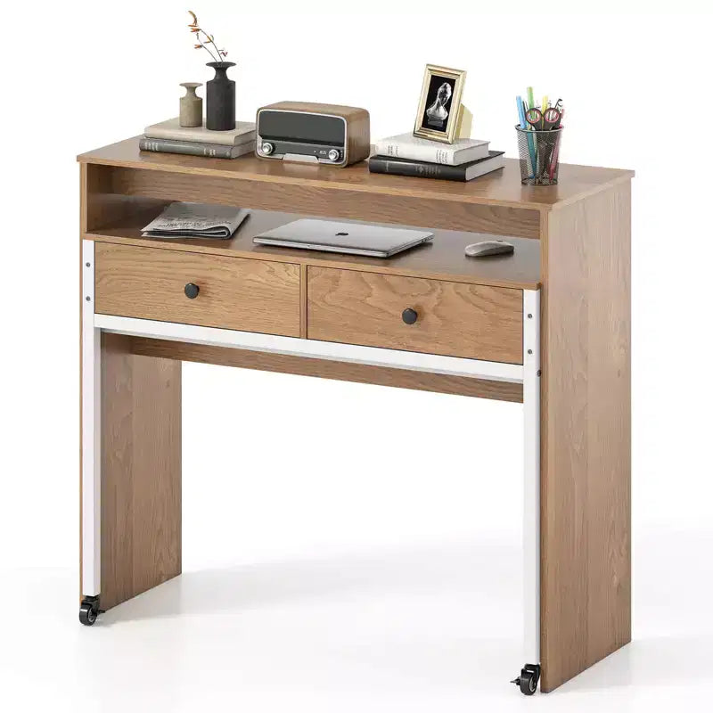 Bureau d'ordinateur roulant extensible de 39,5 pouces avec étagère pour moniteur, plateau à 2 niveaux et 2 tiroirs