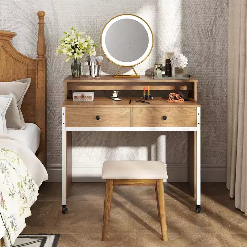 Bureau d'ordinateur roulant extensible de 39,5 pouces avec étagère pour moniteur, plateau à 2 niveaux et 2 tiroirs
