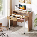Bureau d'ordinateur roulant extensible de 39,5 pouces avec étagère pour moniteur, plateau à 2 niveaux et 2 tiroirs