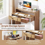 Bureau d'ordinateur roulant extensible de 39,5 pouces avec étagère pour moniteur, plateau à 2 niveaux et 2 tiroirs
