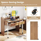 Bureau d'ordinateur roulant extensible de 39,5 pouces avec étagère pour moniteur, plateau à 2 niveaux et 2 tiroirs