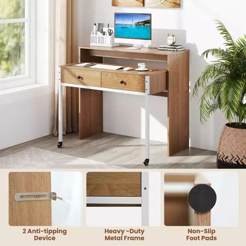 Bureau d'ordinateur roulant extensible de 39,5 pouces avec étagère pour moniteur, plateau à 2 niveaux et 2 tiroirs