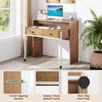 Bureau d'ordinateur roulant extensible de 39,5 pouces avec étagère pour moniteur, plateau à 2 niveaux et 2 tiroirs